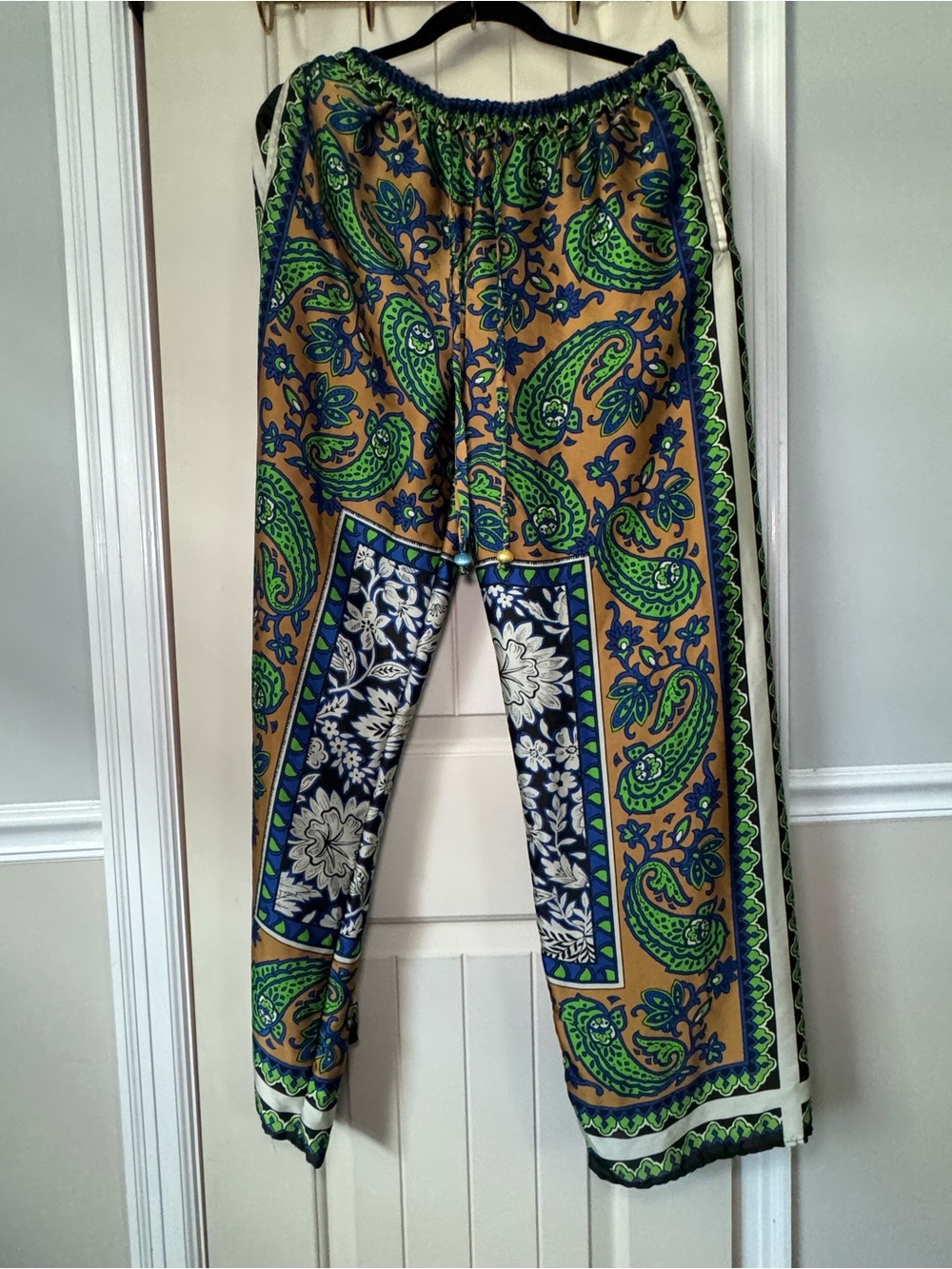 Zara Green and Gold Paisley Wide-Leg Satin Pants - Picture 3 of 8